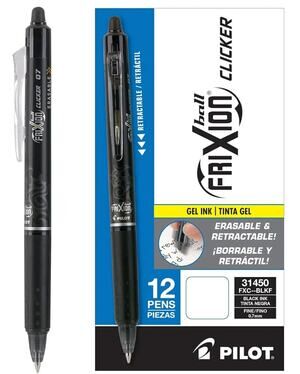 Pack of 12 Pilot, FriXion Clicker Erasable Gel Pens, Fine Point Pens, Black